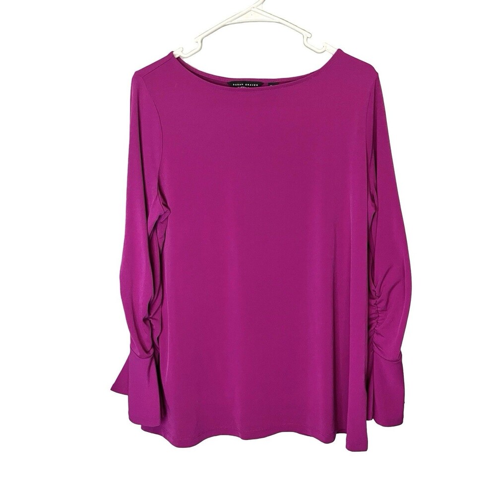 Susan Graver Blouse M Magenta Bateau Ruched Bell Sleeve Stretch Knit QVC - Picture 7 of 9